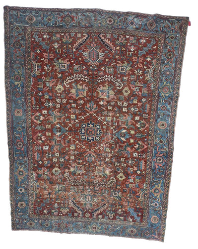 12.1x9 Heriz Antique Oriental Rug, circa 1920s, Colors light blue, beige, red (2792)