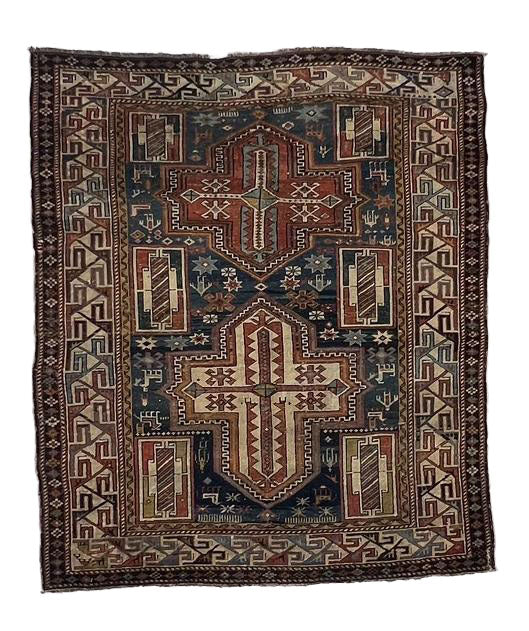 3.1 x 4.1 Caucasian Oriental Antique Rug, circa 1990s. Good condition. Yellow, mustard, blue, beige colors