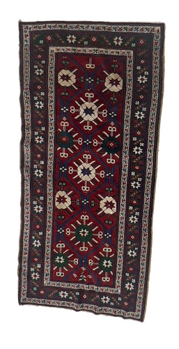 3.7x6.11 Kazak Antique Oriental Rug, circa 1940s, Perfect condition, Rust green color, Beige blue color