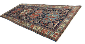 4.2x10.1 Kazak Oriental Antique Rugs, good condition. Akstafa design. Rust, blue, light blue, green, beige, yellow colors