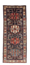 4.2x10.1 Kazak Oriental Antique Rugs, good condition. Akstafa design. Rust, blue, light blue, green, beige, yellow colors