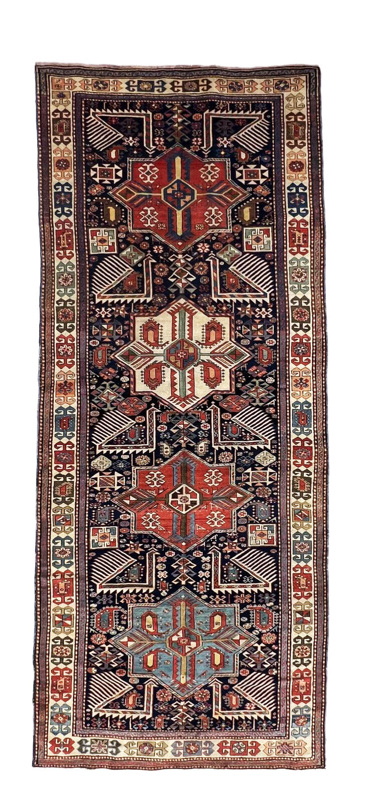 4.2x10.1 Kazak Oriental Antique Rugs, good condition. Akstafa design. Rust, blue, light blue, green, beige, yellow colors