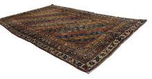 4.3x7.9 Kurdish wool Oriental Antique Rug, Green, yellow, rust, beige blue, colors. Beautiful stripes