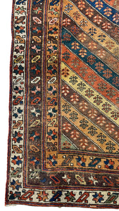 4.3x7.9 Kurdish wool Oriental Antique Rug, Green, yellow, rust, beige blue, colors. Beautiful stripes