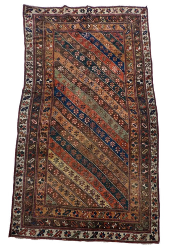 4.3x7.9 Kurdish wool Oriental Antique Rug, Green, yellow, rust, beige blue, colors. Beautiful stripes