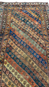 4.3x7.9 Kurdish wool Oriental Antique Rug, Green, yellow, rust, beige blue, colors. Beautiful stripes