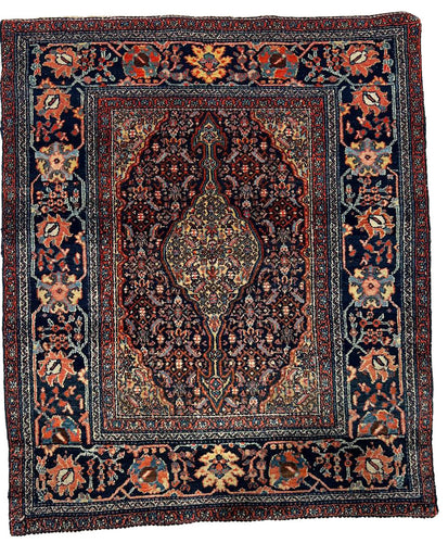 4.9x3.1 Bibic Abad Oriental Antique Rug, good condition. Circa 1920s, Rust, yellow, and blue colors