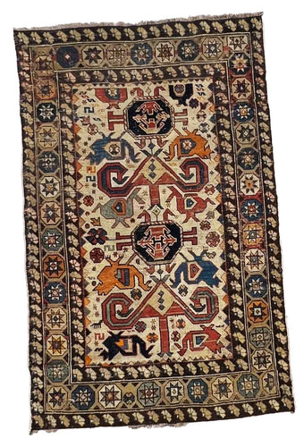 3.5x5 Caucasian Oriental Antique Rug, Circa 1900s. Good condition. Beige, rust, orange, blue, and light blue colors