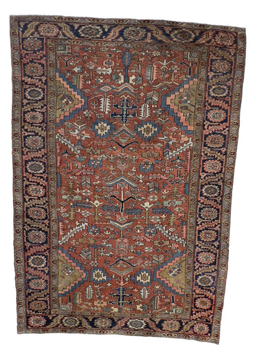 11.7x8.2 Heriz Oriental Antique Rug, circa 1920s, rust and light blue colors, good condition