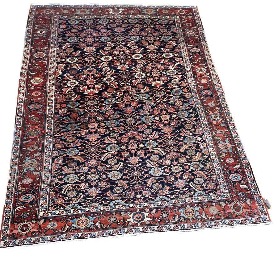 7.4 x 11 Herix Oriental Antique Rug, circa 1920s, Blue, light blue, beige colors