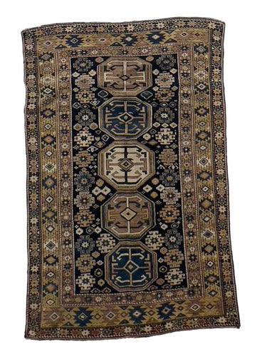 4x9 Kazak antique rug, caucasion rug, 1900s, beige color, blue color, and rust green color