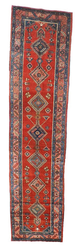 13.5 x 3.4 Serapi runner antique rug, circa 1900s, wool and cotton, strong red colors, strong blues