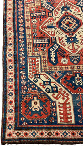 7.4x4.8 Shield Kazak Oriental Antique Rug, circa 1920s. Red, light blue, light green, yellow colors