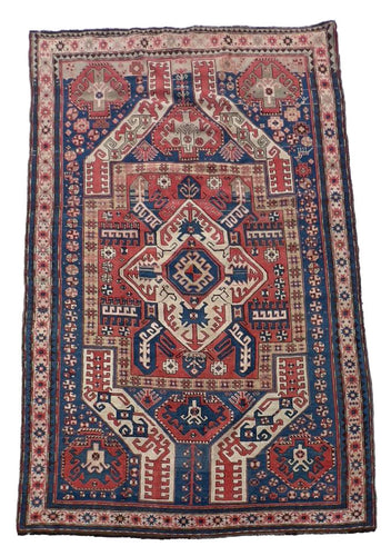 7.4x4.8 Shield Kazak Oriental Antique Rug, circa 1920s. Red, light blue, light green, yellow colors