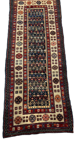 3.3x8 Talish Oriental Antique rug, very good condition. Beige, blue, rust and black colors