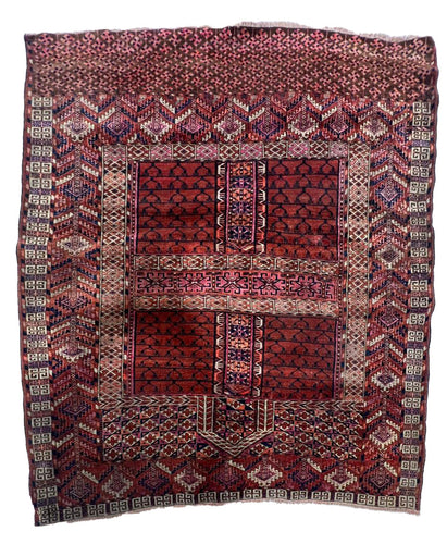 4.1x4 NC Turkman Hatchli Oriental Antique Rug, circa 1900s. Red colors